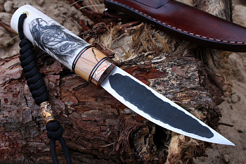 Северный нож малый "БЫHЫЧЧА" Bohler М390, рукоять элфорин, стабилизированный зуб мамонта, мокумэ-ганэ.